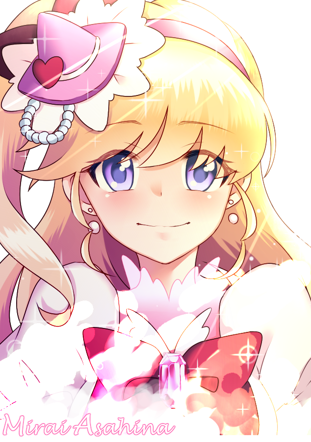 1girl, ap@meito, asahina_mirai, blonde_hair, bow, brooch, character_name, cure_miracle