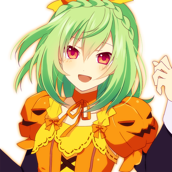 1girl, bow, braid, choker, crown_braid, flower_knight_girl, food_themed_clothes, green_hair, jack-o'-lantern, knenj, looking_at_viewer, orange_bow, red_eyes, short_hair, smile, solo, summer_squash_(flower_knight_girl), upper_body, white_background