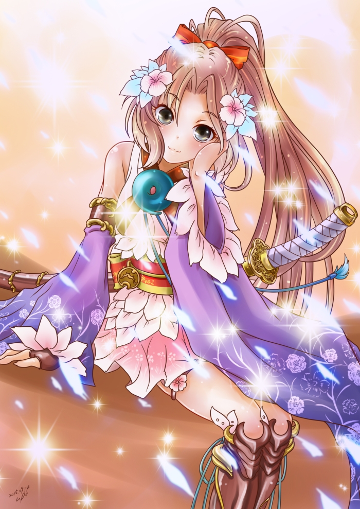 1girl, 2015, boots, bow, brown_hair, chengshu, dated, detached_sleeves