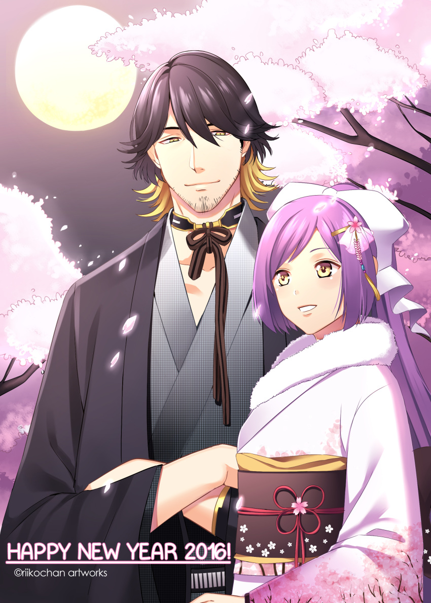 1boy, 1girl, 2016, absurdres, black_hair, blonde_hair, bow, cherry_blossoms