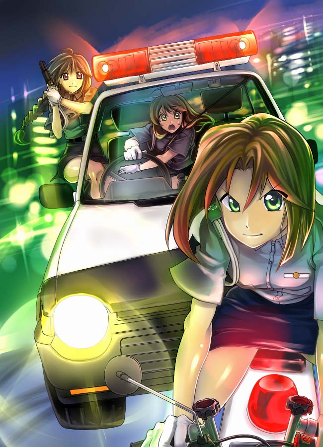 3girls, braid, brown_hair, car, chase, city, gloves, green_eyes