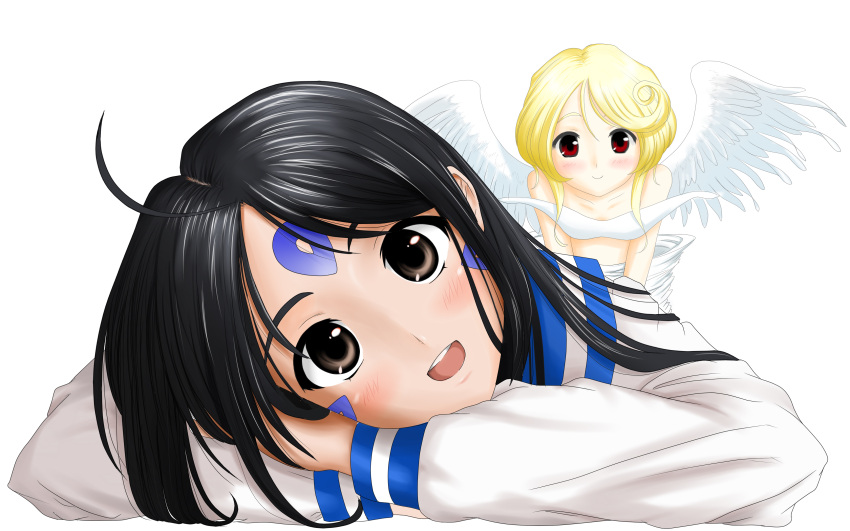 absurdres, angel, black_hair, blonde_hair, brown_eyes, facial_mark, forehead_mark, highres