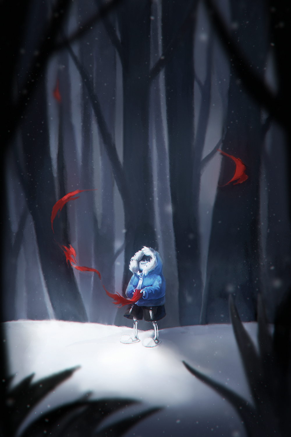 1boy, grin, highres, hood, hoodie, lzmy, sans_(undertale), scarf, skeleton, smile, solo, undertale