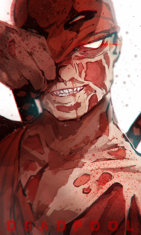 1boy, blood, blurry, deadpool, depth_of_field, katana, lzmy, marvel