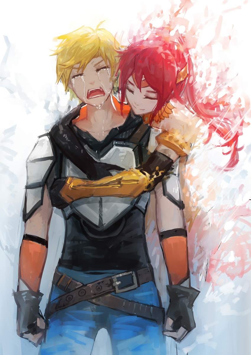 1boy, 1girl, blonde_hair, breasts, closed_eyes, crying, elbow_gloves, gloves