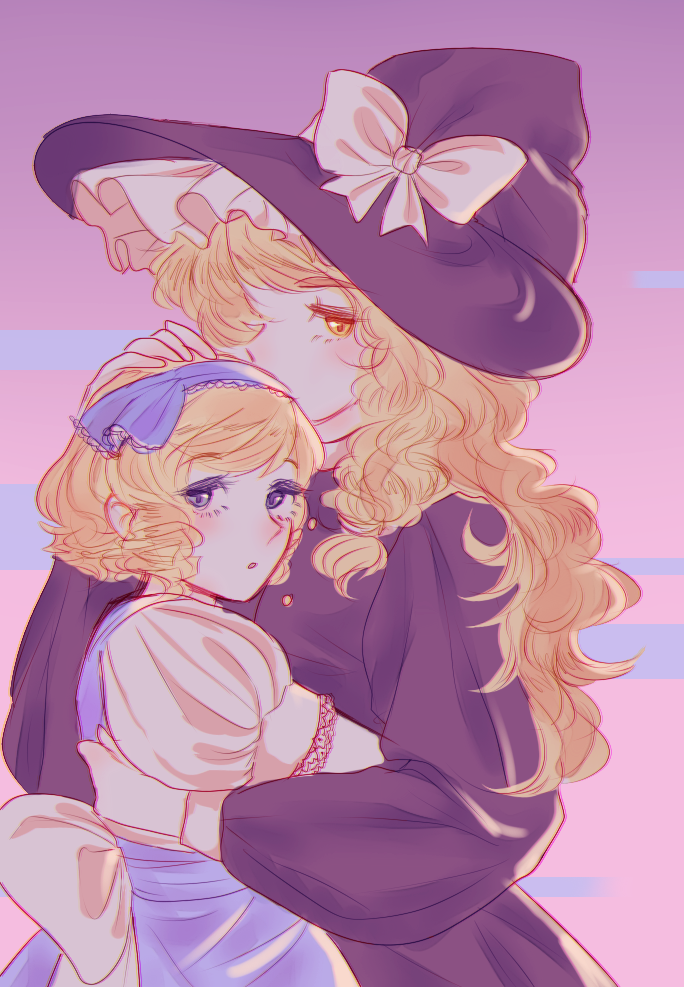 2girls, alice_margatroid, alice_margatroid_(pc-98), blonde_hair, blue_eyes, bow, dress, hair_ribbon