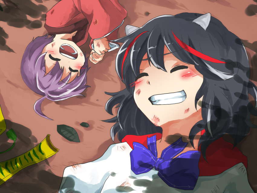 2girls, ahoge, black_hair, blush, commentary, grin, highres, horns, injury, kapiten70, kijin_seija, lying, minigirl, multicolored_hair, multiple_girls, on_back, on_ground, on_side, open_mouth, purple_hair, redhead, smile, streaked_hair, sukuna_shinmyoumaru, touhou, white_hair