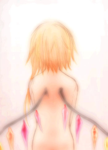 1girl, 2005, asymmetrical_hair, back, bare_back, blonde_hair, flandre_scarlet, from_behind