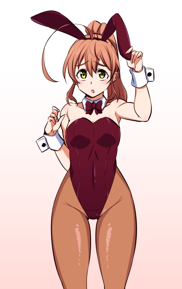 1girl, active_raid, ahoge, animal_ears, brown_hair, brown_legwear, bunny_girl, bunnysuit