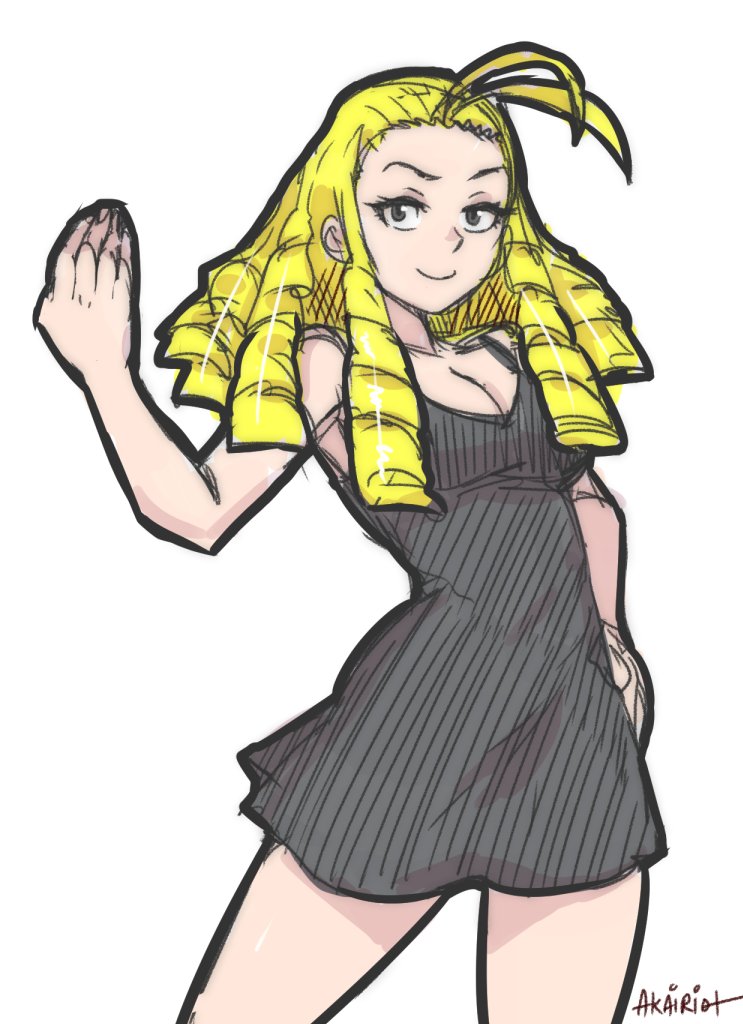 1girl, akairiot, alternate_costume, antenna_hair, black_dress, blonde_hair, breasts, cleavage