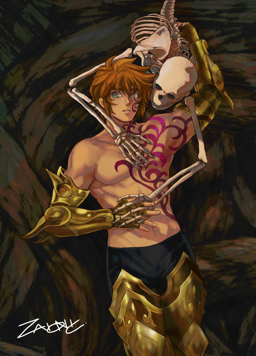 1boy, armor, brown_hair, death, green_eyes, highres, leo_aiolia, saint_seiya, saint_seiya:_soul_of_gold, shirtless, short_hair, solo, zaionic