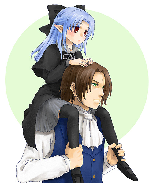 1boy, 1girl, alternate_legwear, artist_request, blue_hair, bow, brown_hair, carrying