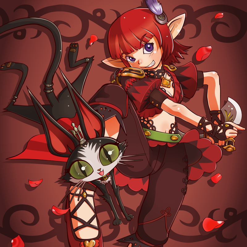 1girl, blade, bob_cut, cait_sith, cape, cat, choker, commentary_request