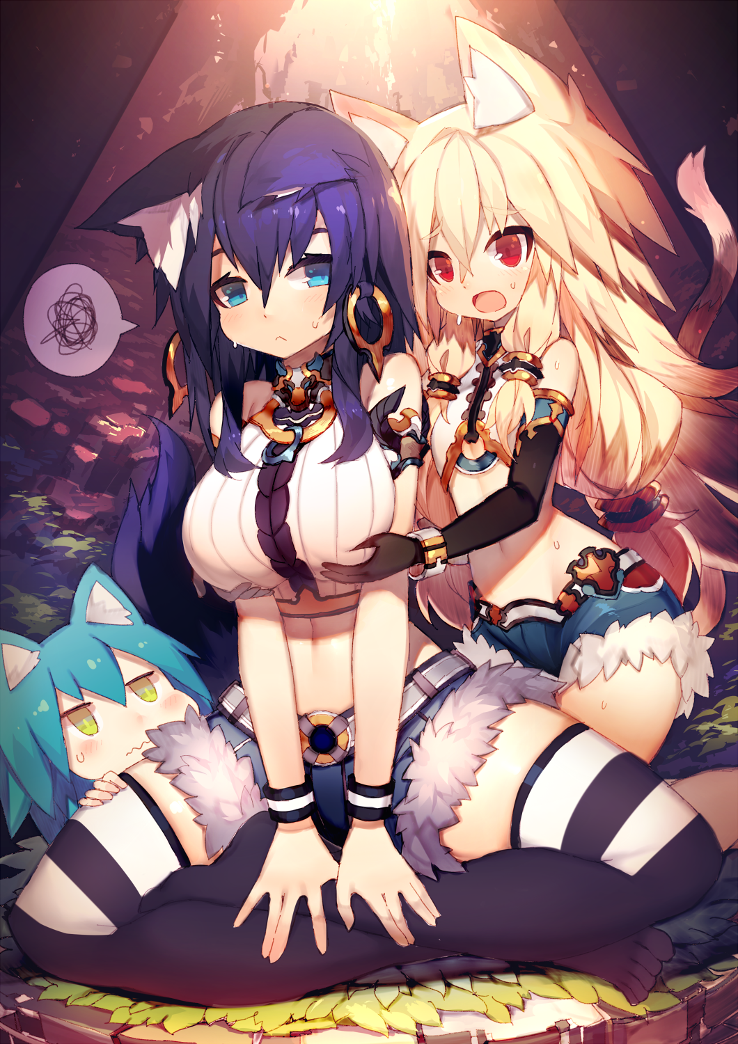 3girls, :<, :o, animal_ears, aqua_hair, armlet, black_gloves, blonde_hair