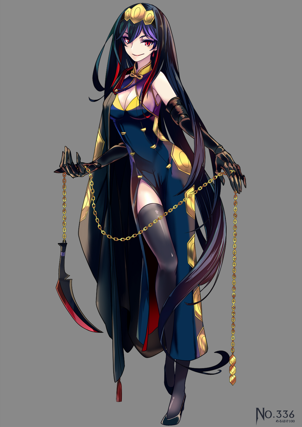 1girl, black_hair, black_legwear, black_shoes, breasts, cape, chain, cleavage, closed_mouth, dress, earrings, female, full_body, gauntlets, gloves, hair_between_eyes, headpiece, high_heels, highres, holding_weapon, jewelry, kusarigama, long_dress, long_hair, looking_at_viewer, merlusa, multicolored_hair, number, personification, pokemon, pokemon_(game), purple_hair, red_eyes, redhead, seviper, shoes, sickle, side_slit, simple_background, sleeveless, smile, solo, tassel, thigh-highs, very_long_hair, walking, weapon