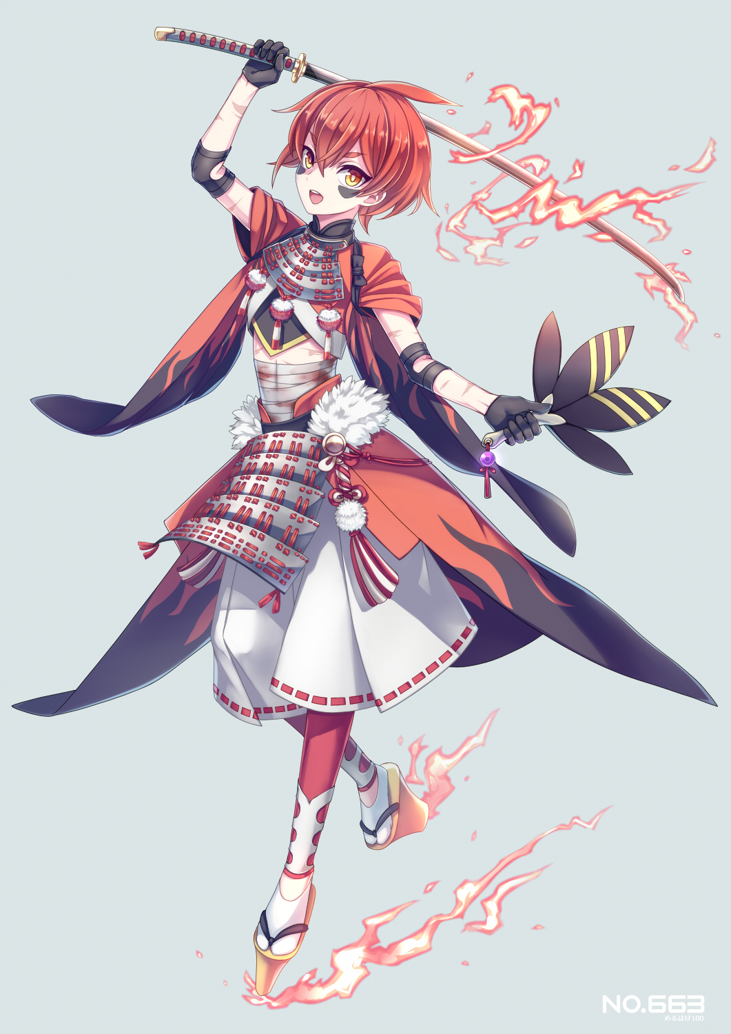 :d, ahoge, androgynous, arm_up, armor, bandages, black_gloves, blood