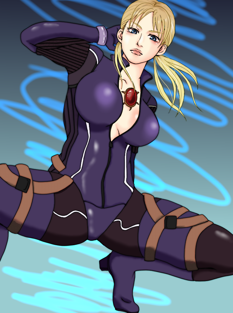 1girl, blonde_hair, blue_eyes, bodysuit, breasts, cleavage, jill_valentine, long_hair