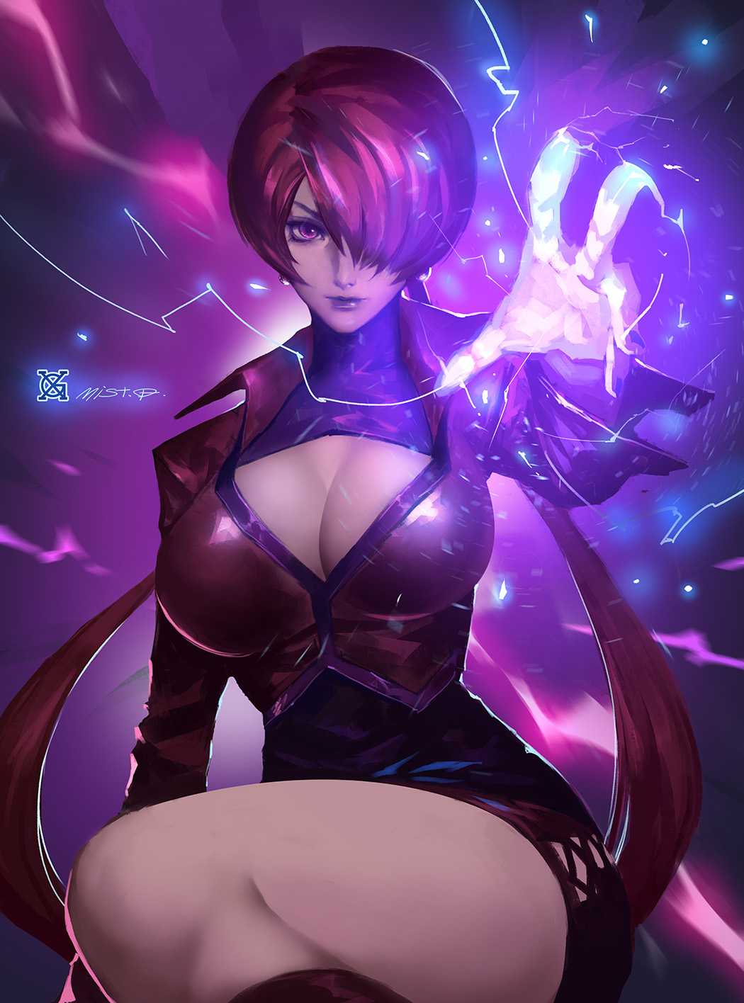 1girl, breasts, cleavage, cleavage_cutout, cropped_jacket, dark_persona, dark_skin, earrings, hair_over_eyes, highres, jewelry, large_breasts, leotard, lipstick, long_hair, makeup, miniskirt, orochi_shermie, purple_hair, shermie, skirt, solo, split_ponytail, the_king_of_fighters, twintails, xiaoguimist