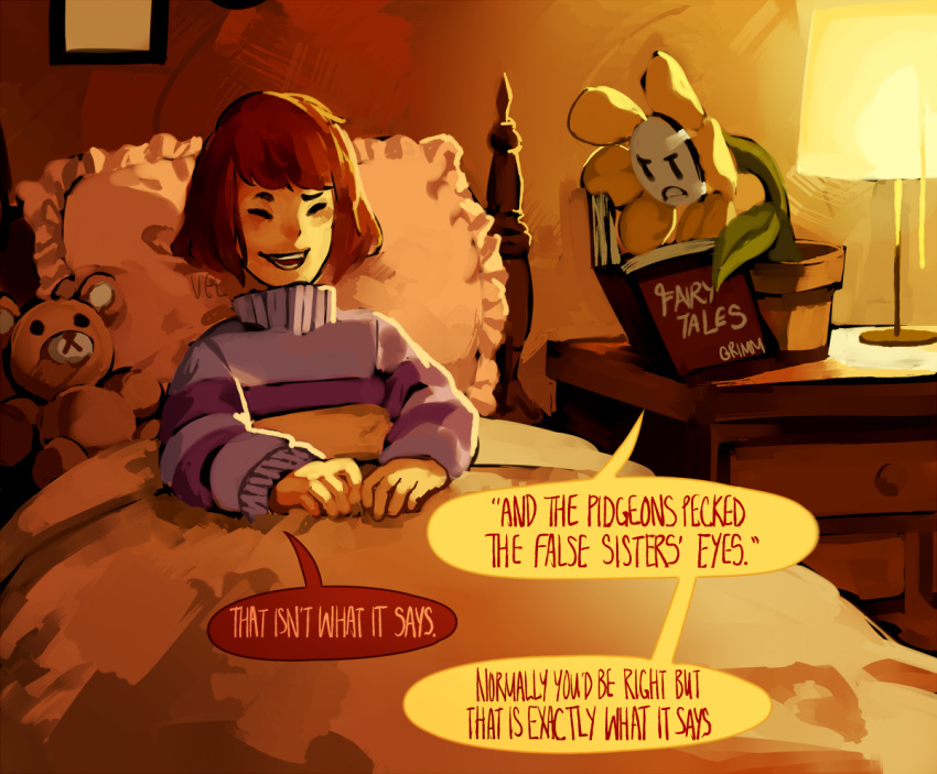 androgynous, bed, blind, book, brown_hair, chest_of_drawers, commentary, english, flower, flower_pot, flowey_(undertale), frisk_(undertale), grimm's_fairy_tales, lamp, reading, shirt, striped, striped_shirt, stuffed_animal, stuffed_toy, teddy_bear, undertale, velocesmells