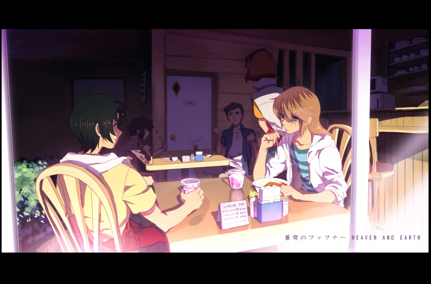 2girls, 3boys, bar_stool, bendy_straw, black_hair, blush, brown_hair, cafe