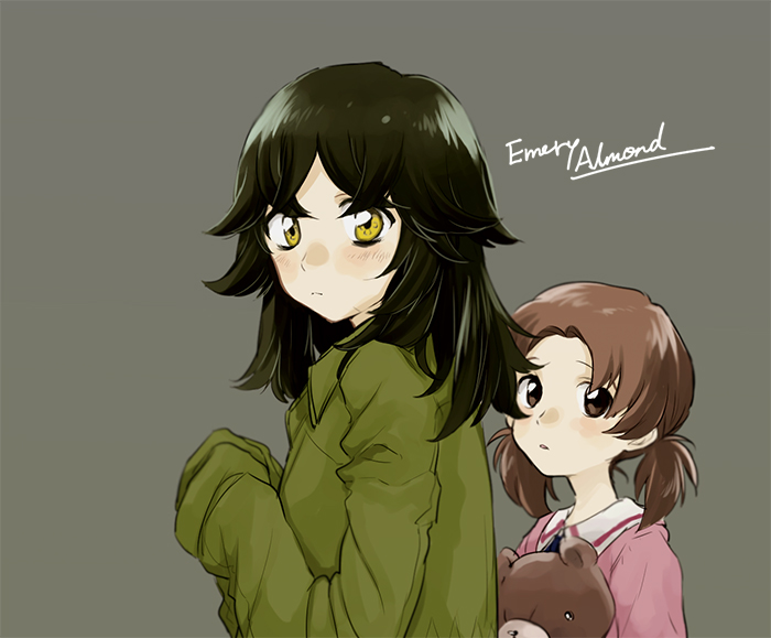 2girls, black_hair, blush, brown_eyes, brown_hair, bukiyama, character_name, emery_almond
