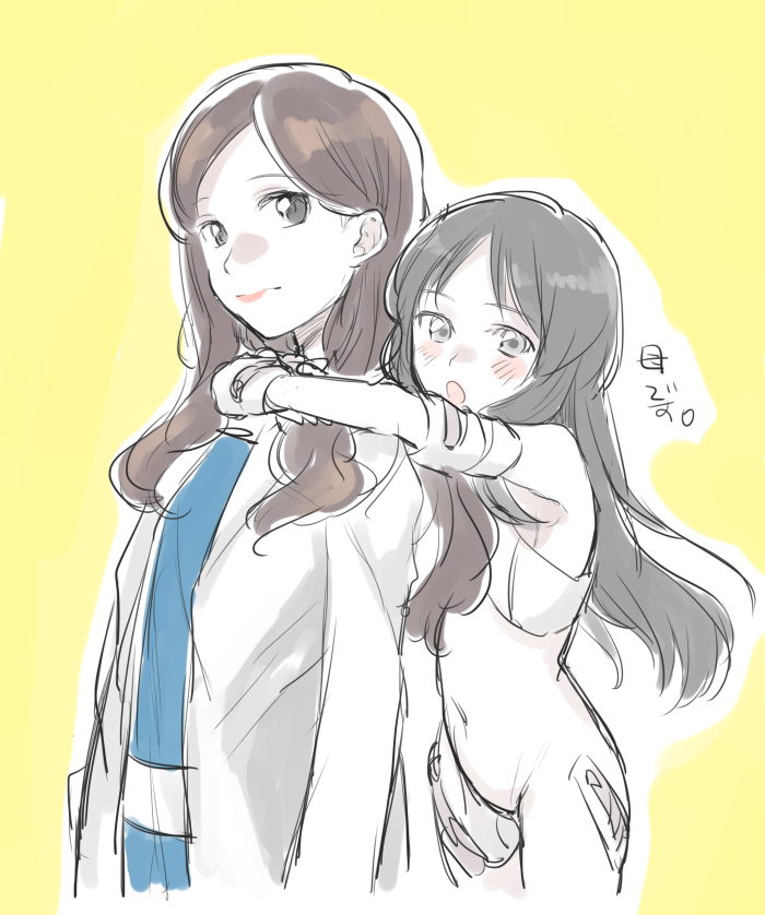2girls, :o, arms_around_neck, bare_shoulders, black_hair, blush, breastplate, brown_hair