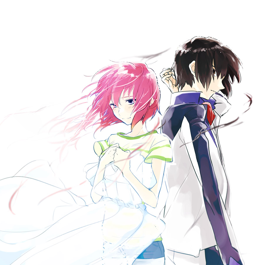 1boy, 1girl, back-to-back, black_hair, blue_eyes, blush, brown_eyes, bukiyama