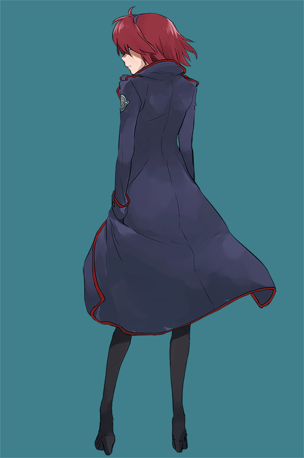 1girl, alternate_costume, black_legwear, blue_background, bukiyama, from_behind, hairband, hands_in_pockets