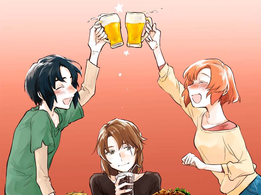 1girl, 2boys, :d, ^_^, alcohol, beer, beer_mug, bendy_straw