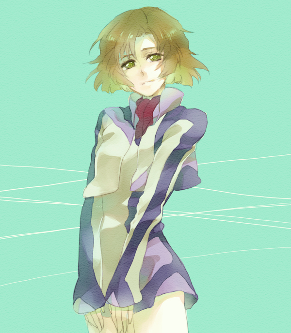 1girl, aqua_background, cropped_jacket, jacket, long_sleeves, looking_at_viewer, mameezu, orange_hair