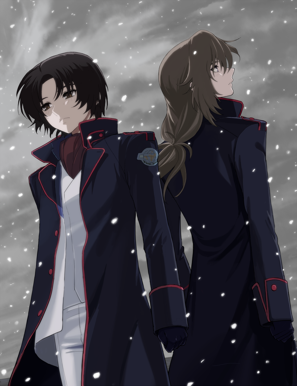 2boys, back-to-back, black_hair, brown_eyes, brown_hair, gloves, highres, long_coat, long_hair, long_sleeves, looking_away, looking_up, low-tied_long_hair, makabe_kazuki, minashiro_soushi, multiple_boys, pants, sawai, short_hair, snowing, soukyuu_no_fafner, uniform