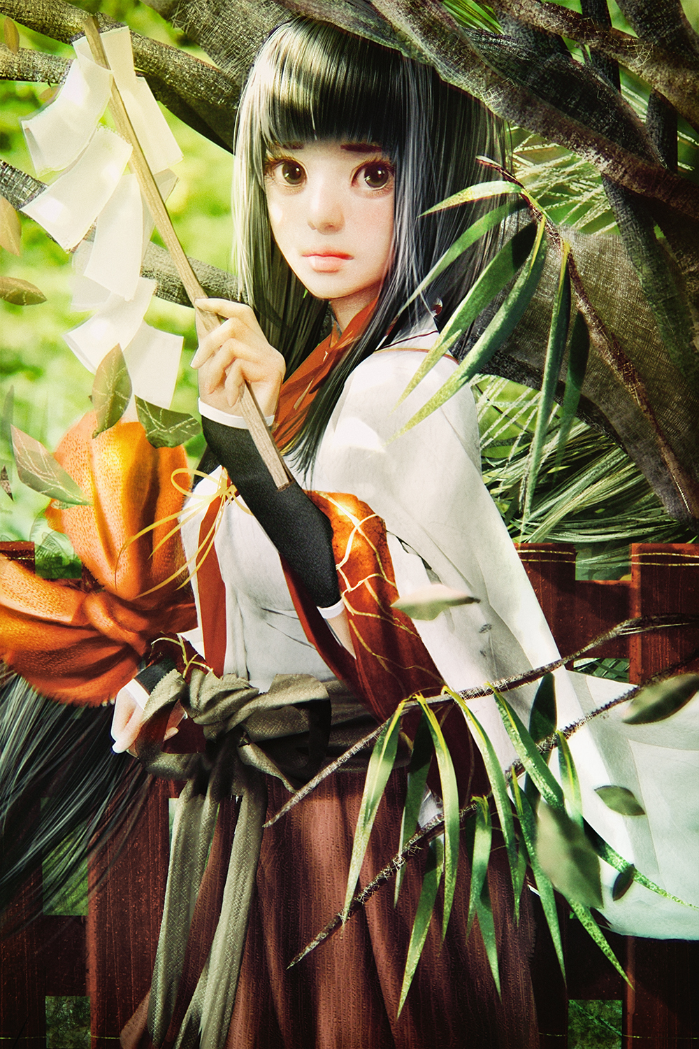 1girl, arm_warmers, bangs, black_hair, blunt_bangs, branch, brown_eyes, closed_mouth
