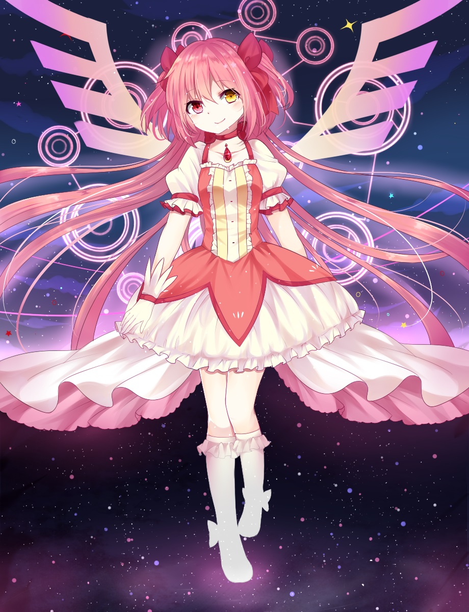 1girl, bow, bubble_skirt, choker, dress, gloves, goddess_madoka, hair_bow