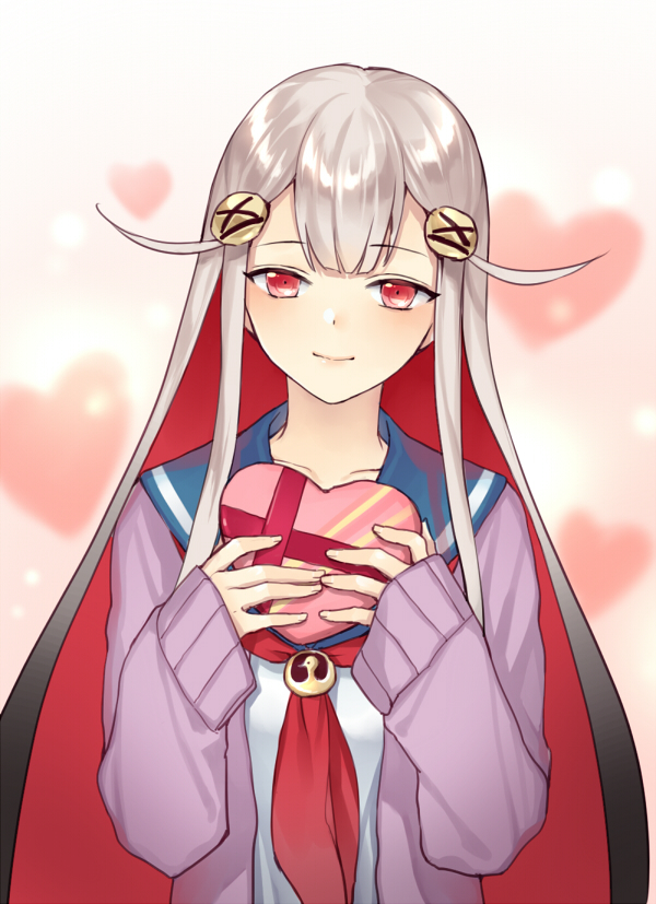 1girl, cardigan, fhalei, gift, heart, heart-shaped_box, multicolored_hair, red_eyes