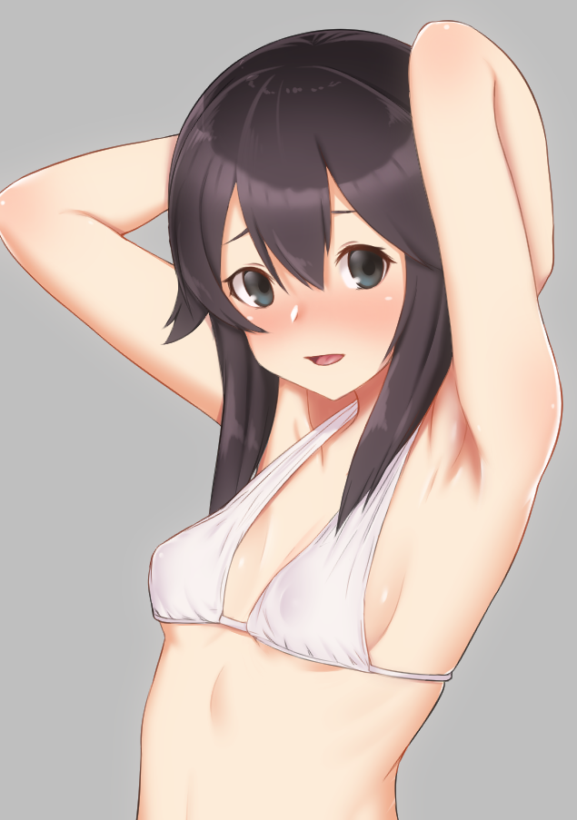 1girl, bikini, black_hair, blush, hakuduki18, hayasui_(kantai_collection), kantai_collection, open_mouth