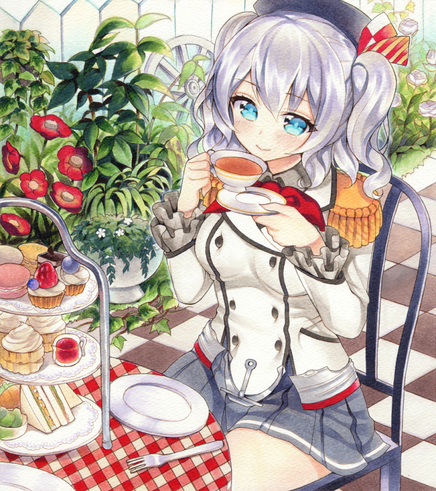 1girl, anchor, bangs, beret, blue_eyes, buttons, cake, chair