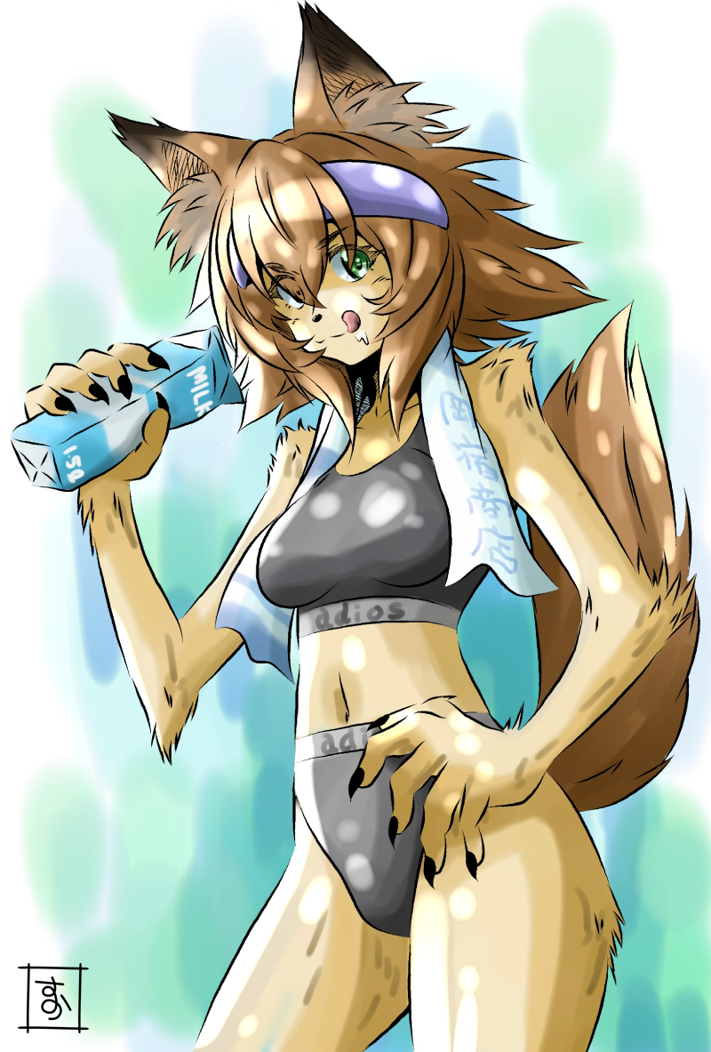 1girl, animal_ears, breasts, brown_hair, cowboy_shot, dog_ears, dog_tail, furry