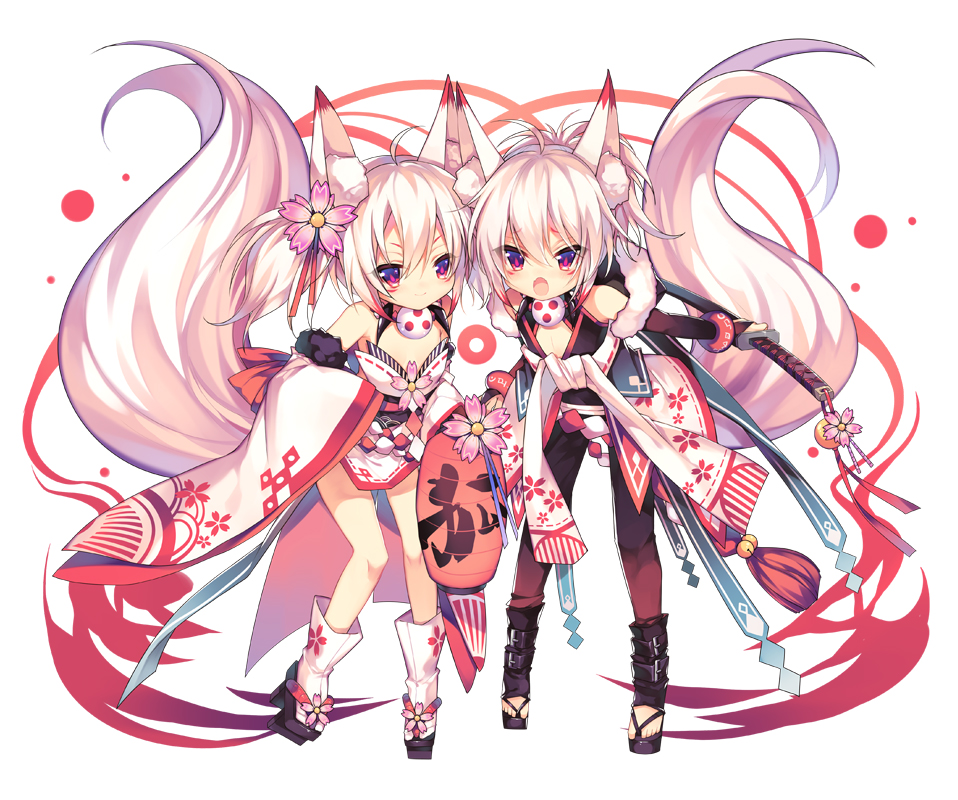 1boy, 1girl, animal_ears, fox_ears, fox_tail, japanese_clothes, kai-ri-sei_million_arthur, katana