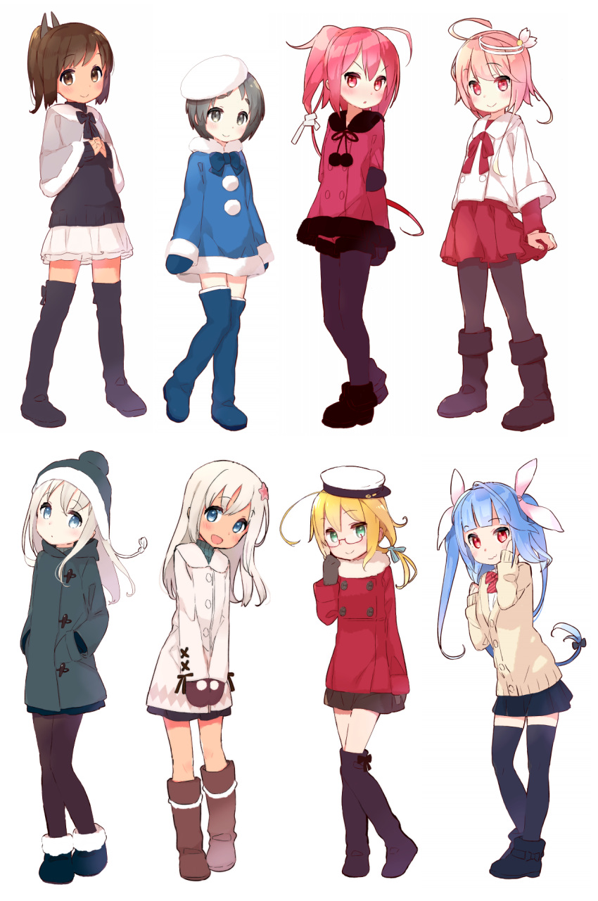 6+girls, :3, alternate_costume, beret, black_eyes, black_hair, blonde_hair, blue_eyes