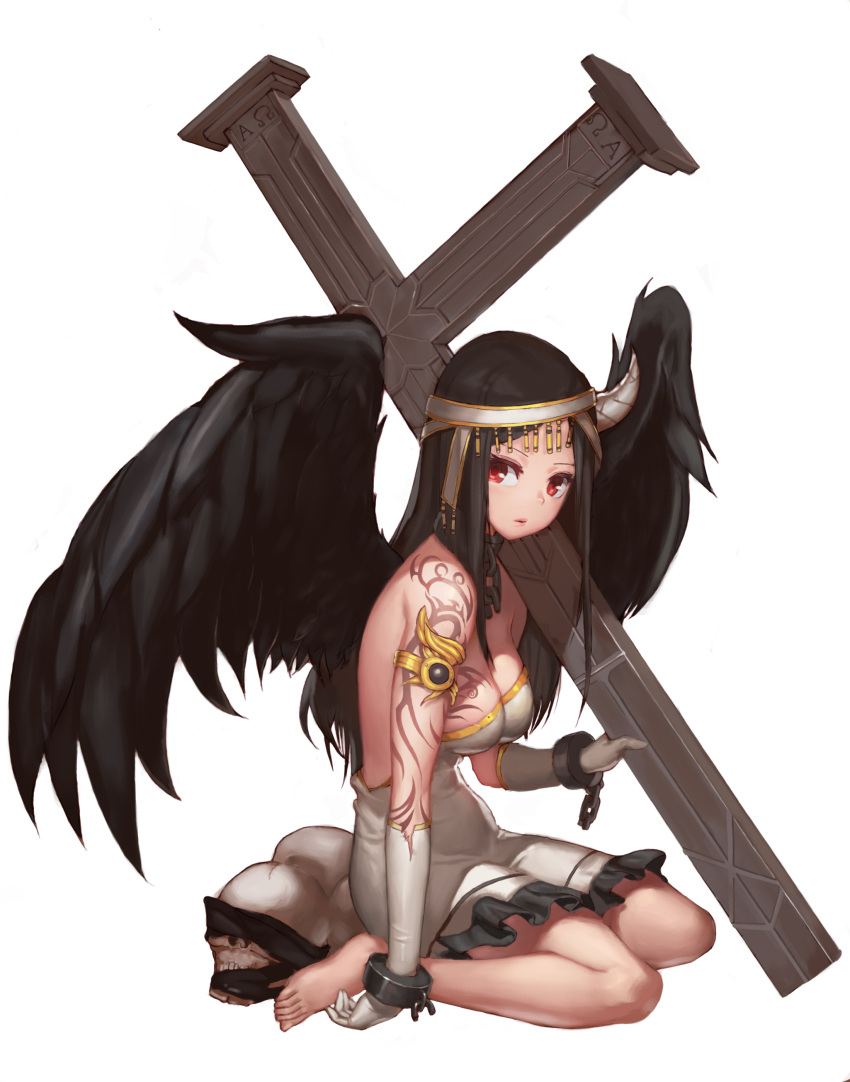 1girl, absurdres, angel, armlet, bare_back, barefoot, black_hair, black_wings