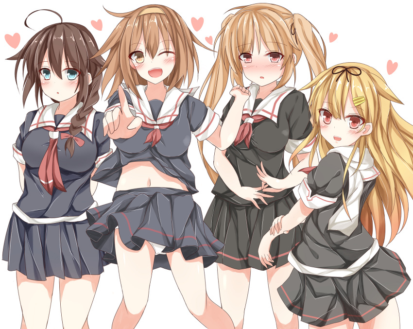 4girls, ahoge, aqua_eyes, arms_behind_back, back, black_ribbon, black_serafuku, black_skirt, blonde_hair, blush, braid, breasts, brown_eyes, brown_hair, gradient_hair, hair_between_eyes, hair_flaps, hair_ornament, hair_over_shoulder, hair_ribbon, hairband, hairclip, heart, highres, kantai_collection, large_breasts, light_brown_hair, long_hair, looking_at_viewer, looking_back, messy_hair, multicolored_hair, multiple_girls, murasame_(kantai_collection), navel, neckerchief, no_gloves, one_eye_closed, open_mouth, panties, pantyshot, pikatchi, pleated_skirt, red_eyes, remodel_(kantai_collection), ribbon, scarf, school_uniform, serafuku, shigure_(kantai_collection), shiratsuyu_(kantai_collection), short_hair, short_sleeves, single_braid, skirt, smile, straight_hair, teeth, twintails, underwear, white_background, white_panties, white_scarf, yuudachi_(kantai_collection)