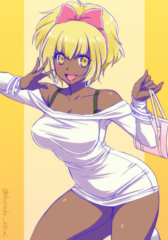 1girl, blonde_hair, bow, bracelet, dark_skin, dress, earrings, ganguro