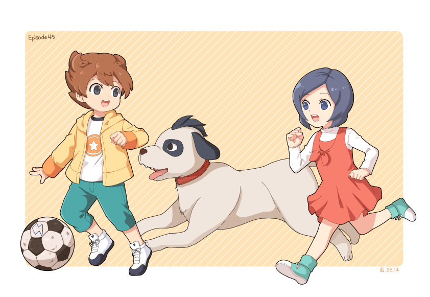 1boy, 1girl, ball, black_eyes, blue_eyes, blue_hair, brown_hair, dog