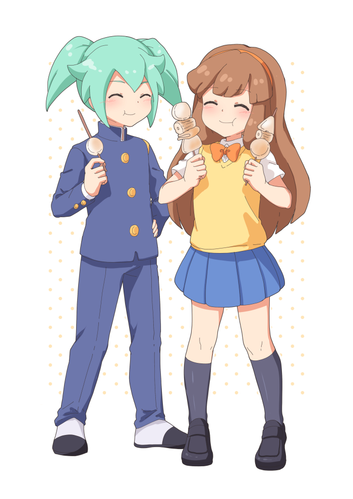 1boy, 1girl, :t, blue_skirt, blush, brown_hair, closed_eyes, eating