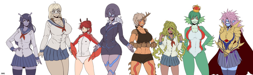 6+girls, abs, alien, antennae, armor, between_breasts, biceps, bike_shorts, black_legwear, blue_skin, breasts, brown_eyes, brown_hair, business_suit, cape, cleavage, collarbone, covered_navel, crab_claw, crab_girl, crown, cyclops, fins, fish_girl, formal, genderswap, green_eyes, grin, groin, hand_on_hip, highres, jacket, large_breasts, long_hair, long_sleeves, lord_boros, midriff, monster_girl, multiple_girls, muscle, muscular_female, navel, neckerchief, one-eyed, one-piece_swimsuit, one-punch_man, open_mouth, panties, pencil_skirt, plaid, plaid_skirt, pointy_ears, purple_hair, red_cape, red_eyes, redhead, sailor_collar, school_swimsuit, school_uniform, sea_king_(one-punch_man), serafuku, shirt, short_hair, shorts, simple_background, skirt, skirt_set, skirt_suit, small_breasts, smile, spikes, spiky_hair, suit, sweatdrop, swimsuit, tagme, tank_top, thigh-highs, track_suit, underwear, very_long_hair, white_background, white_panties, zettai_ryouiki
