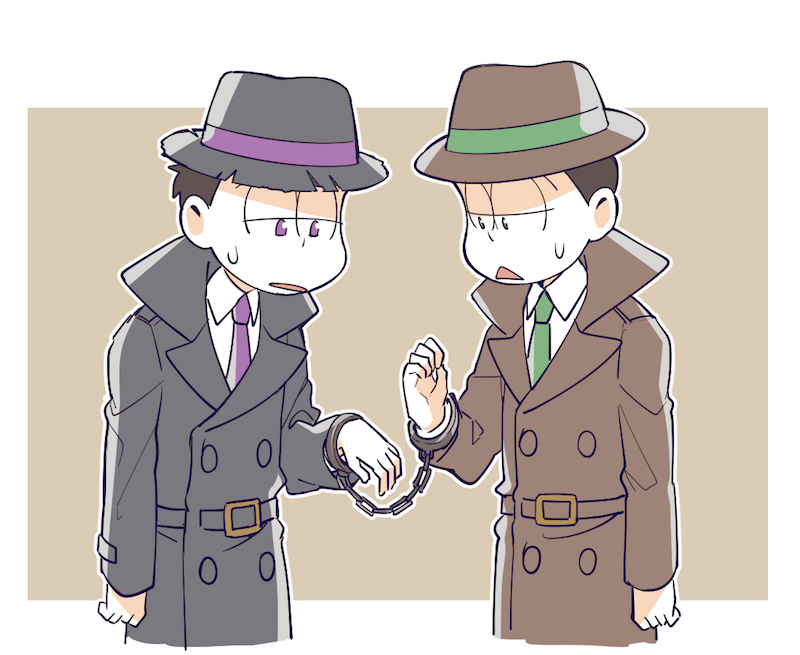 2boys, black_hair, brothers, cuffs, detective, fedora, green_eyes, green_necktie
