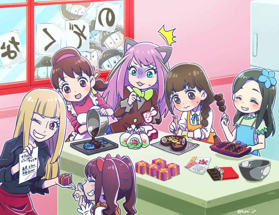 /\/\/\, 6+boys, 6+girls, apron, bangs, blonde_hair, blunt_bangs, braid