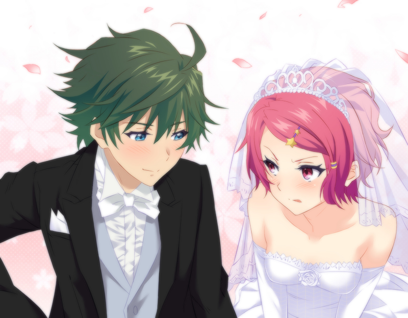 1boy, 1girl, akage, blue_eyes, couple, dress, green_hair, hair_ornament