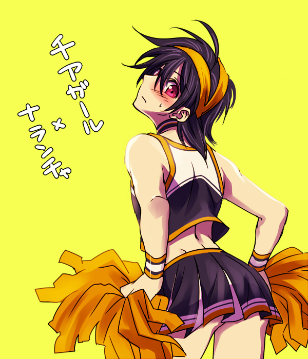 1boy, black_hair, blush, cheerleader, choker, crossdressinging, from_behind, hairband, jojo_no_kimyou_na_bouken, kanikame, looking_back, male_focus, miniskirt, narancia_ghirga, otoko_no_ko, pom_poms, red_eyes, skirt, solo, sweatdrop, translation_request, wristband