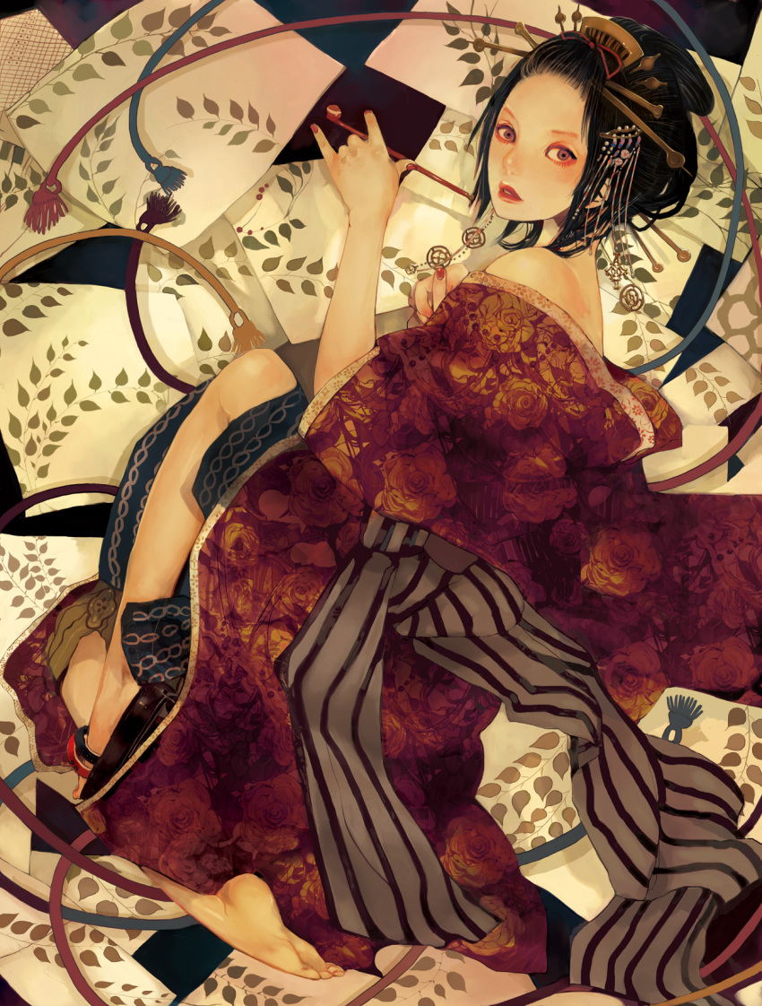bare_shoulders, black_hair, floral_pattern, floral_print, geisha, hair_up, headdress, highres, japanese_clothes, kimono, kiseru, nail_polish, nogaru_wako, oiran, one_shoe, original, pinky_out, pipe, purple_eyes, single_shoe, violet_eyes